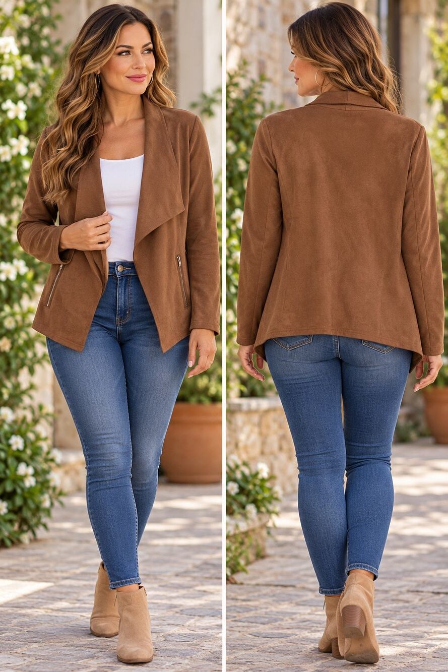 Pretty garden brown faux suede open front cropped Jacket size Large